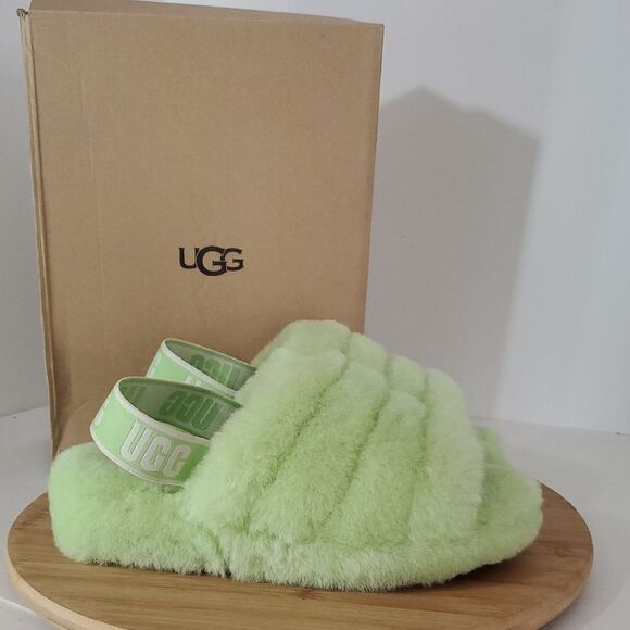 UGG Fluff Yeah Slide Parakeet Green Wool Slingback Slipper Sandal Women's Size 7 - Picture 1 of 13